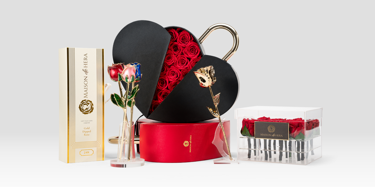 Maison de Hera product collection featuring gold dipped roses, Open Heart Box and Tender Box