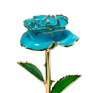 Close up of 24K gold dipped blue rose with blue enamel petals and gold trim