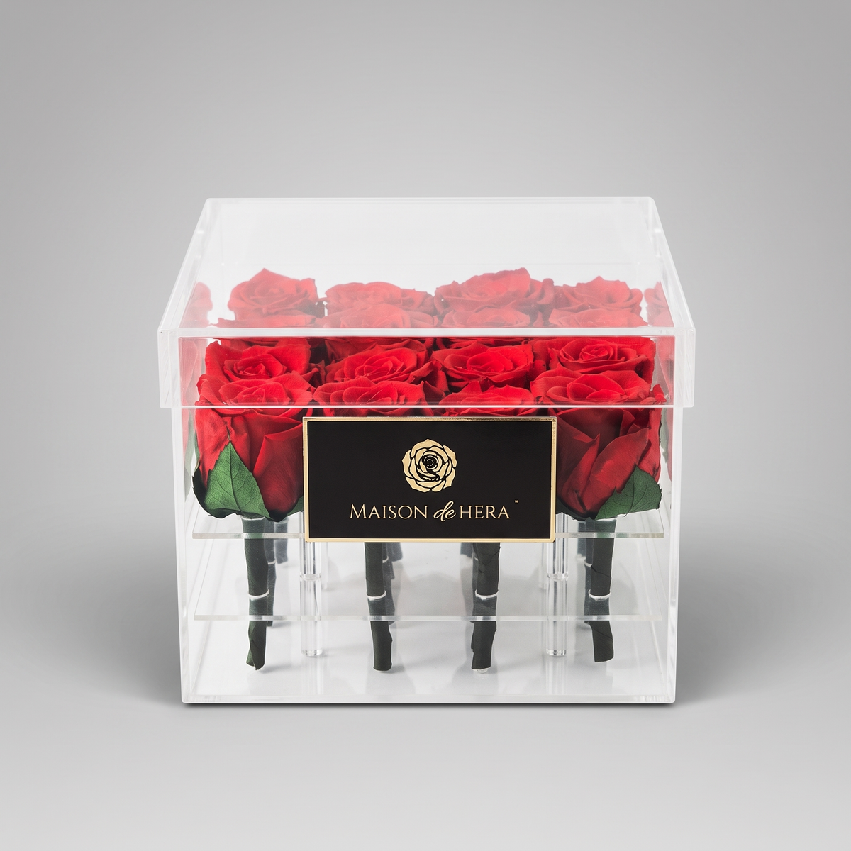Maison de Hera Tender Box front view, clear acrylic box with preserved red roses on gray background